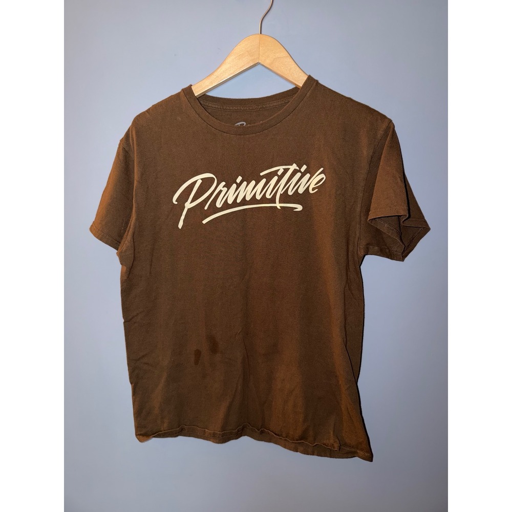 Primitive Skateboarding Mens Graphic T-Shirt Brown Script Logo Size Medium